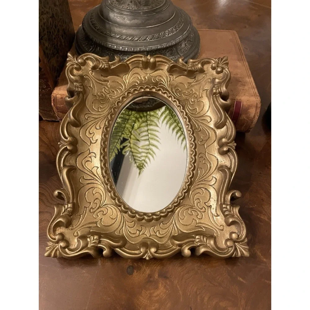Vtg Ornate Gold Hollywood Regency Scroll Etched Design Resin Wall Mirror 7.5x9